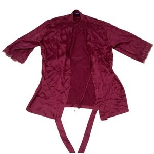 Journelle Silk Robe Burgundy Lace Trim Belted Short Kimono Lingerie Womens M